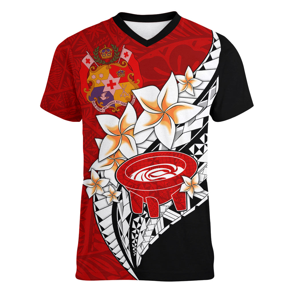 Tonga Kava Bowl Women V Neck T Shirt Togan Kupesi Ngatu Pattern Black - Wonder Print Shop