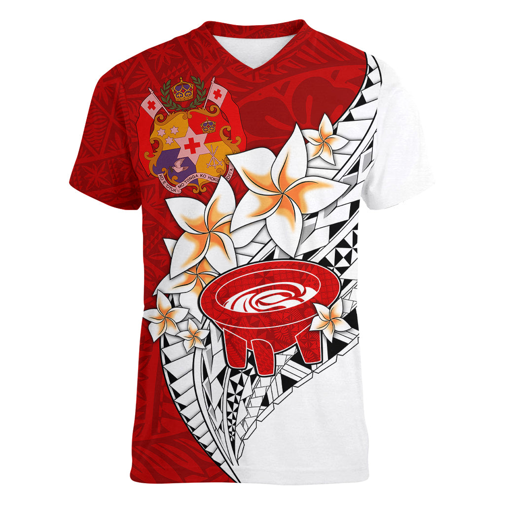 Tonga Kava Bowl Women V Neck T Shirt Togan Kupesi Ngatu Pattern White - Wonder Print Shop