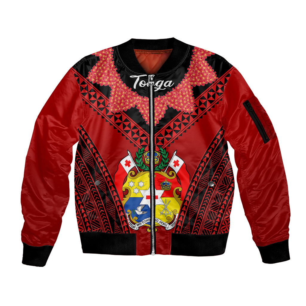 Tonga Heilala Flowers Sleeve Zip Bomber Jacket Tongan Ngatu Black Special Verison - Wonder Print Shop