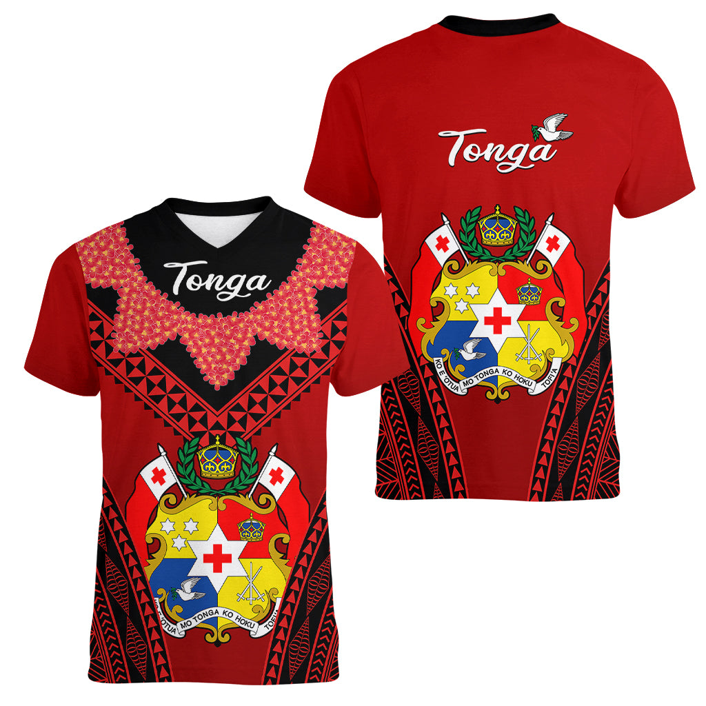 Tonga Heilala Flowers Women V Neck T Shirt Tongan Ngatu Black Special Verison - Wonder Print Shop