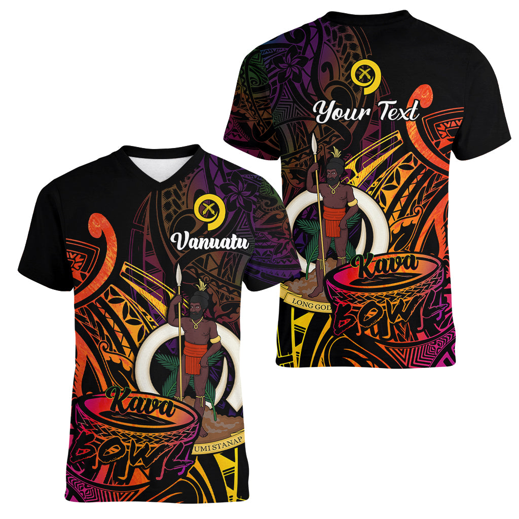 (Custom Personalised) Vanuatu Women V Neck T Shirt Kava Bowl Mix Polynesian Gradient Style - Wonder Print Shop