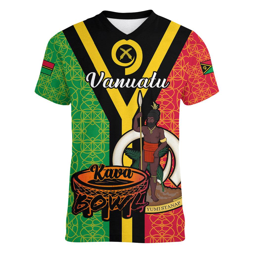(Custom Personalised) Vanuatu Women V Neck T Shirt Kava Bowl Mix Sand Drawing Flag Style - Wonder Print Shop