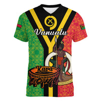 (Custom Personalised) Vanuatu Women V Neck T Shirt Kava Bowl Mix Sand Drawing Flag Style - Wonder Print Shop