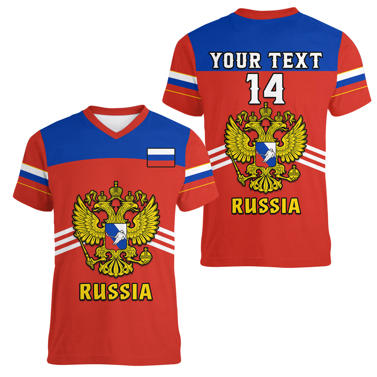 (Custom Text And Number) Russia Hockey 2023 Red Sporty Style Women V Neck T Shirt - Wonder Print Shop
