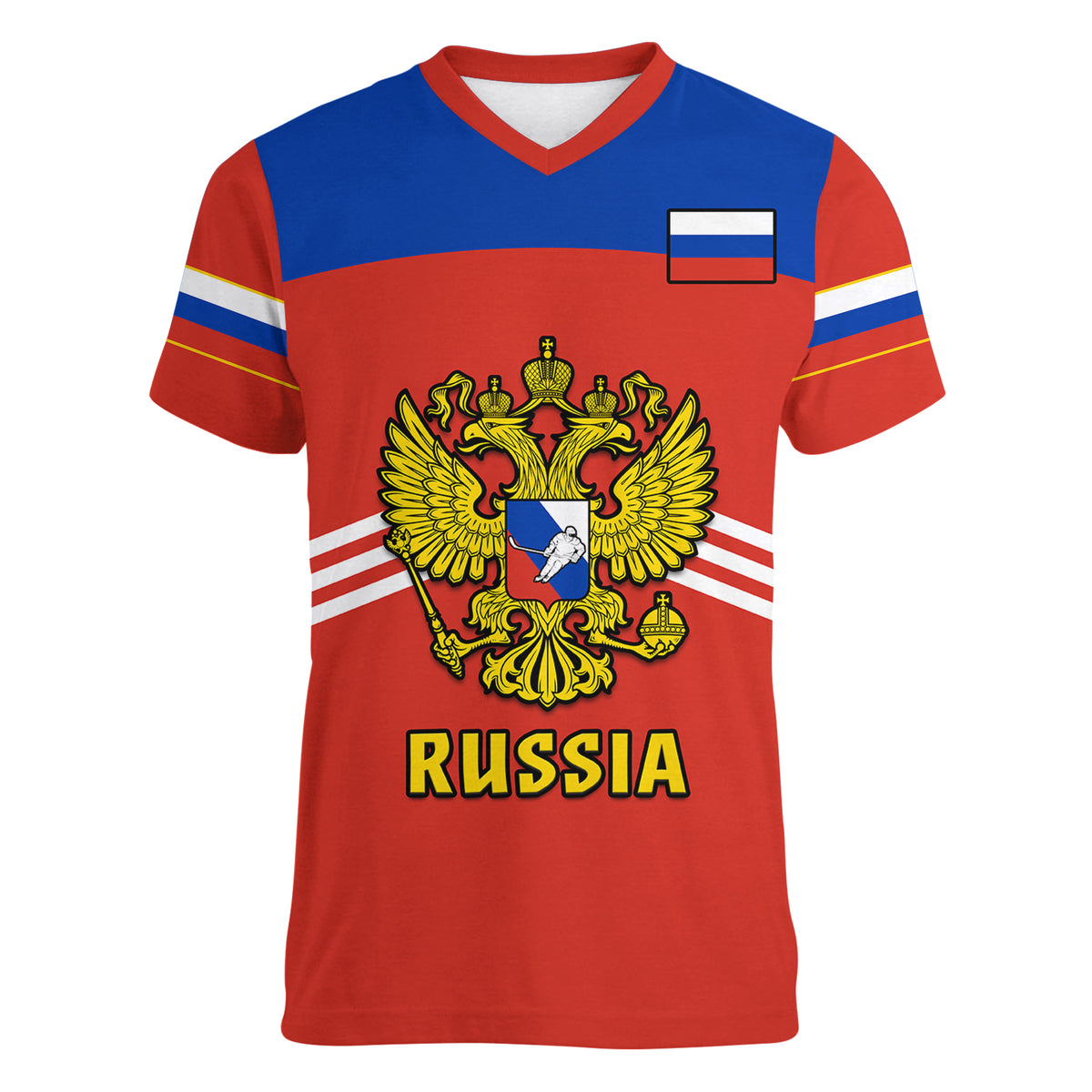 (Custom Text And Number) Russia Hockey 2023 Red Sporty Style Women V Neck T Shirt - Wonder Print Shop