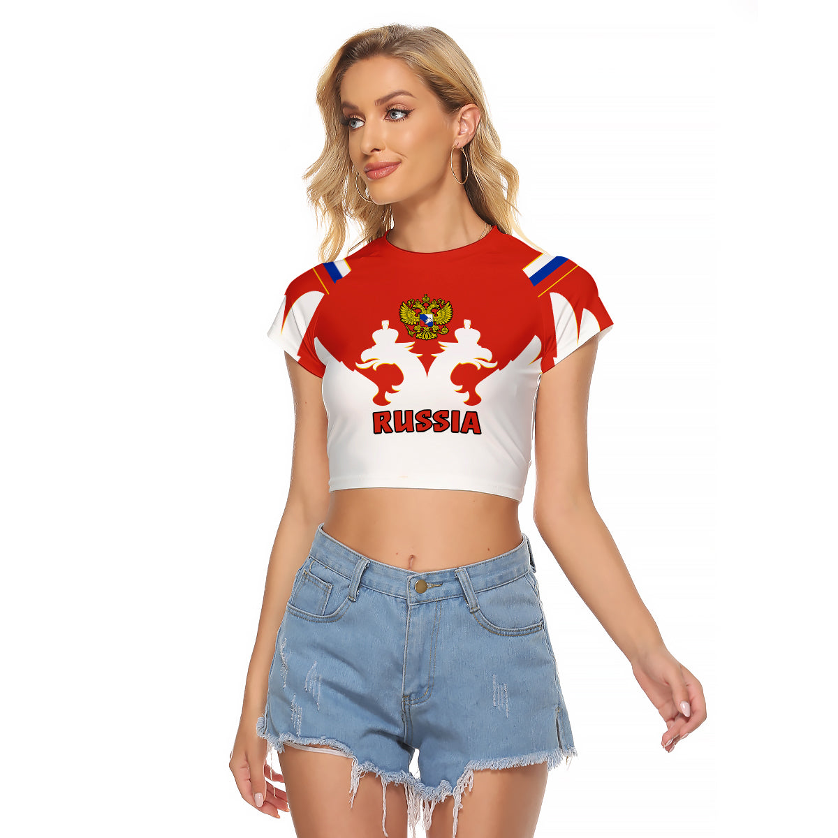 (Custom Text And Number) Russia Hockey 2023 White Sporty Style Raglan Cropped T Shirt - Wonder Print Shop
