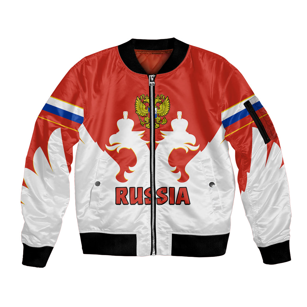 (Custom Text And Number) Russia Hockey 2023 White Sporty Style Sleeve Zip Bomber Jacket - Wonder Print Shop