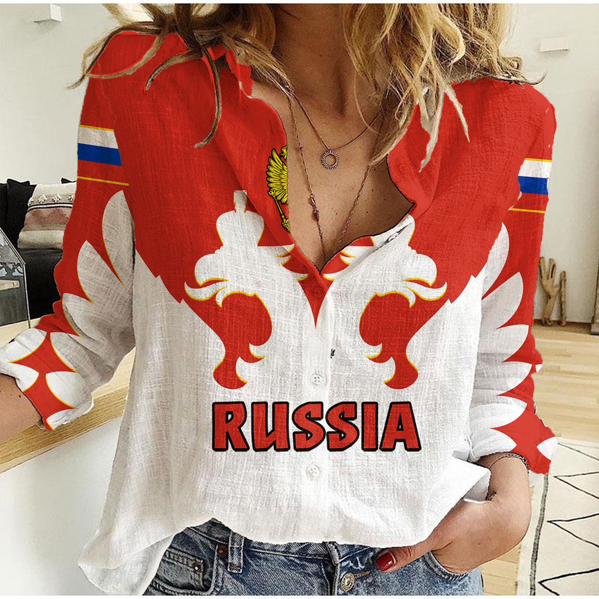 (Custom Text And Number) Russia Hockey 2023 White Sporty Style Women Casual Shirt - Wonder Print Shop