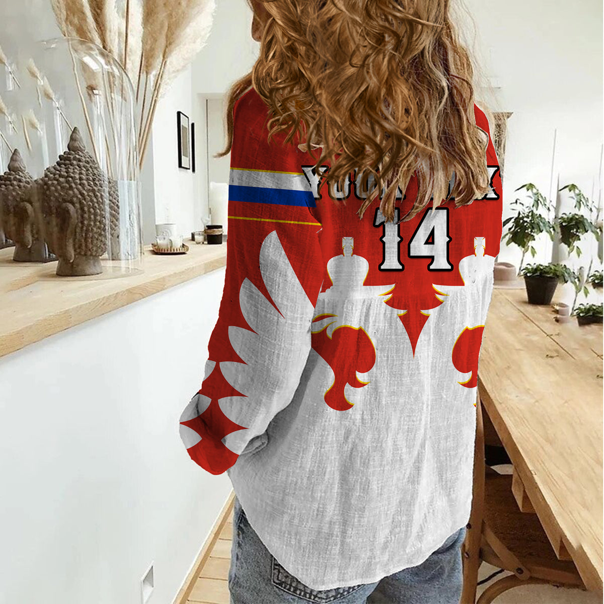 (Custom Text And Number) Russia Hockey 2023 White Sporty Style Women Casual Shirt - Wonder Print Shop