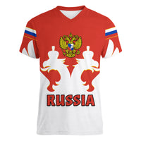 (Custom Text And Number) Russia Hockey 2023 White Sporty Style Women V Neck T Shirt - Wonder Print Shop