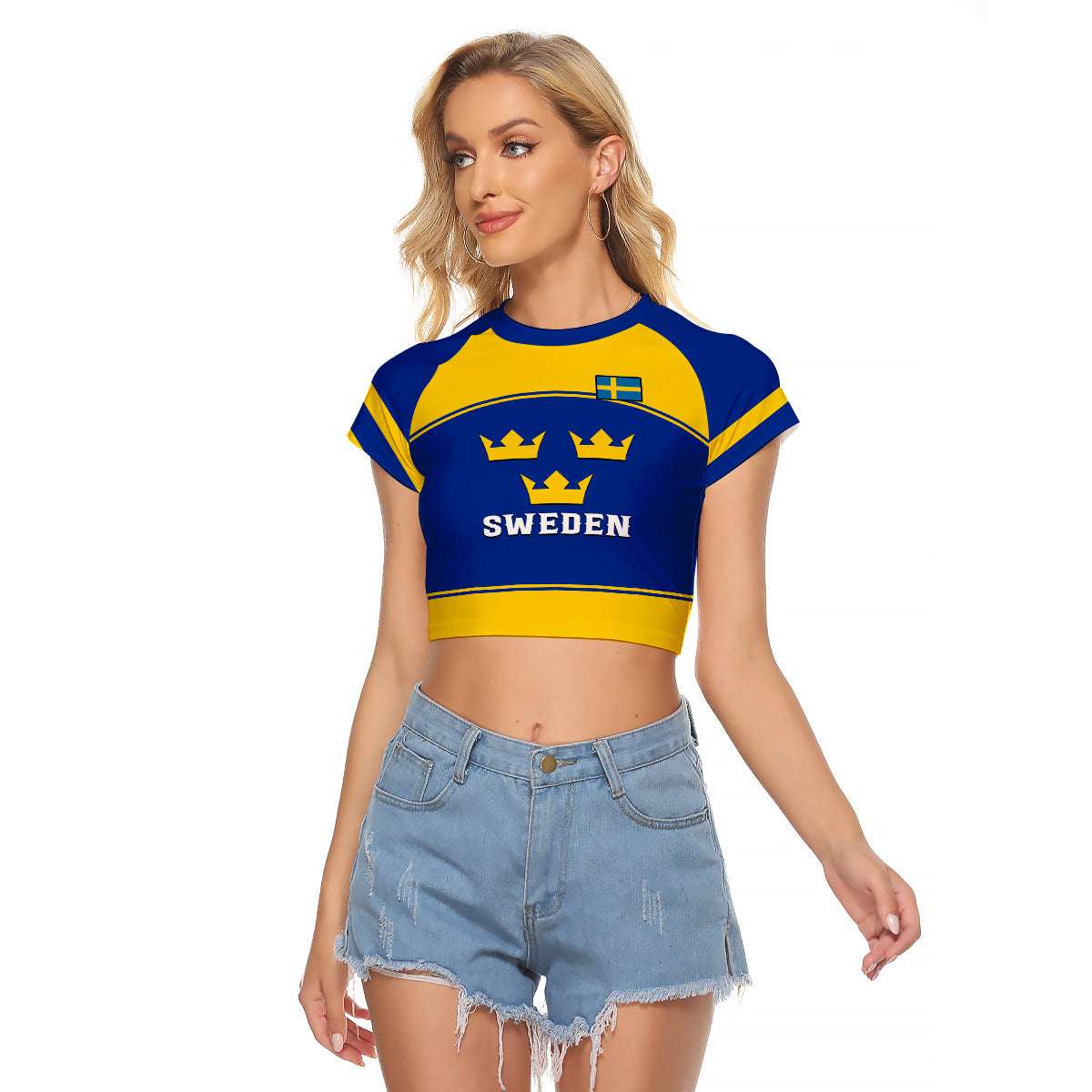 (Custom Text And Number) Sweden Hockey 2023 Sporty Style Raglan Cropped T Shirt - Wonder Print Shop