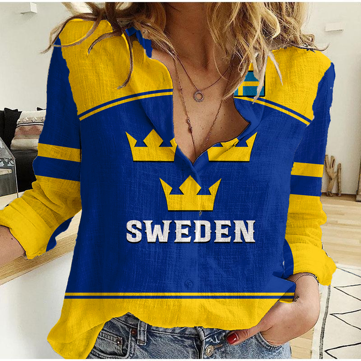 (Custom Text And Number) Sweden Hockey 2023 Sporty Style Women Casual Shirt - Wonder Print Shop