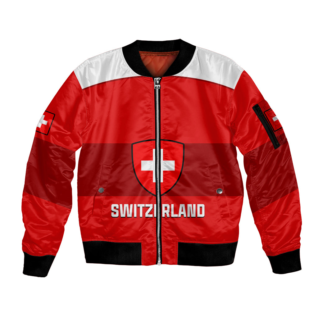 (Custom Text And Number) Switzerland Hockey 2023 Sporty Style Sleeve Zip Bomber Jacket - Wonder Print Shop