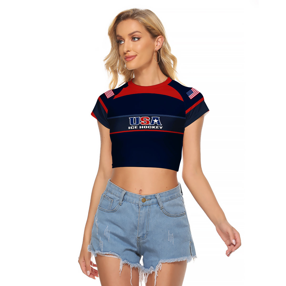 (Custom Text And Number) United States Hockey 2023 Raglan Cropped T Shirt USA Sporty Style - Wonder Print Shop