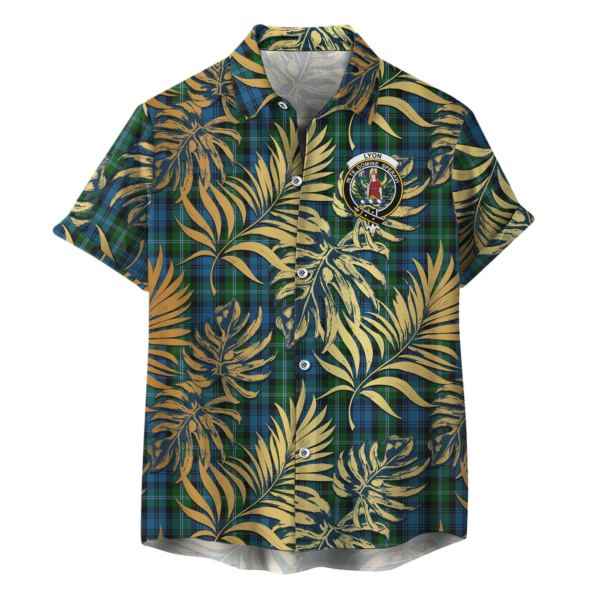 scottish-lyon-clan-crest-tartan-golden-tropical-palm-leaves-hawaiian-shirt