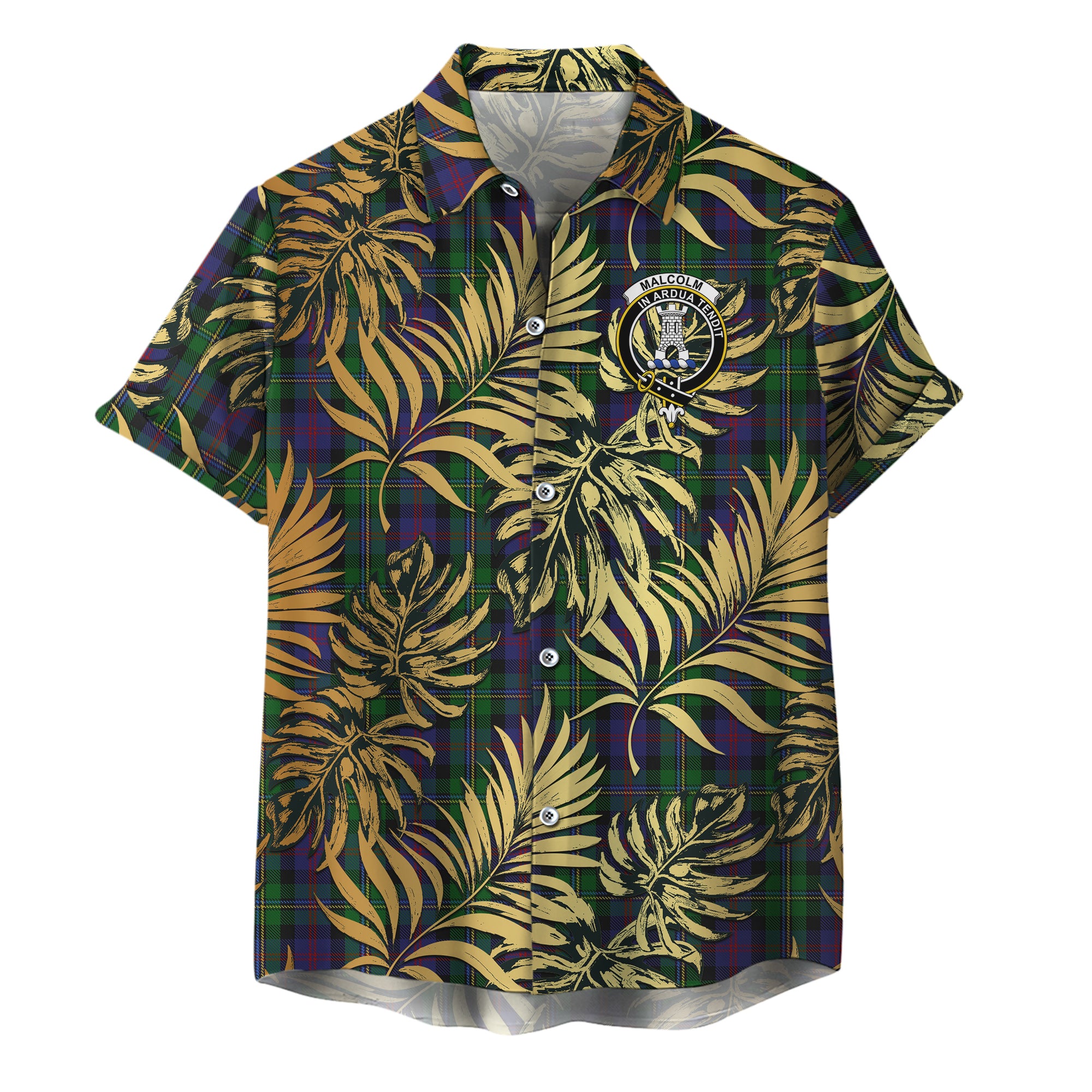 scottish-maccallum-clan-crest-tartan-golden-tropical-palm-leaves-hawaiian-shirt