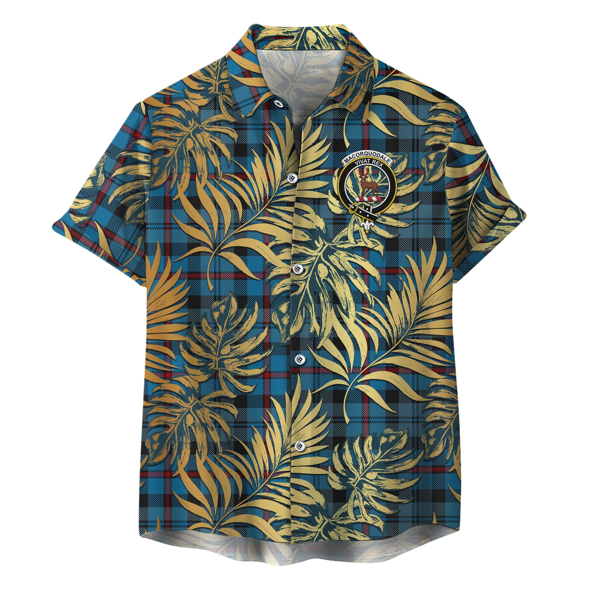 scottish-maccorquodale-clan-crest-tartan-golden-tropical-palm-leaves-hawaiian-shirt