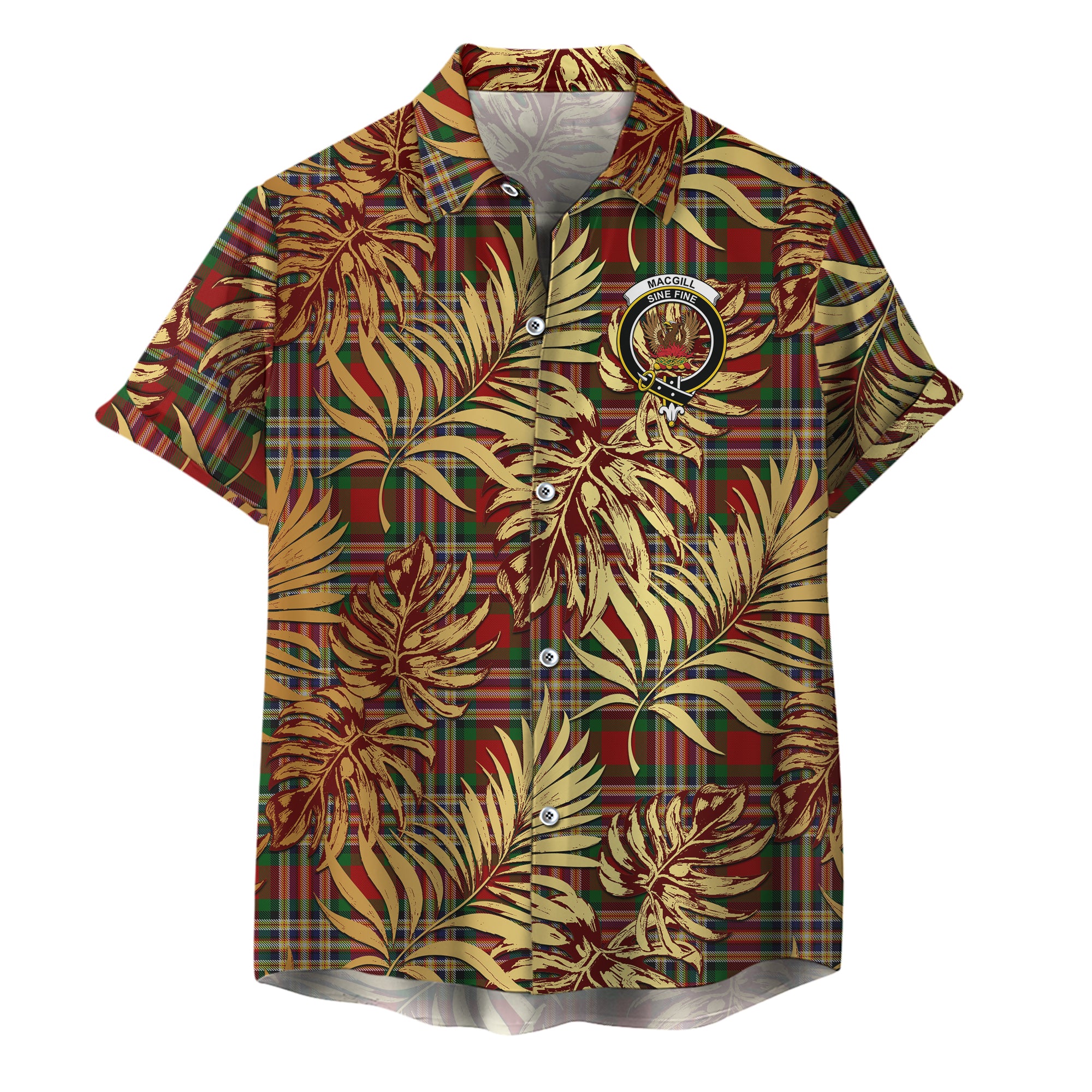 scottish-macgill-clan-crest-tartan-golden-tropical-palm-leaves-hawaiian-shirt