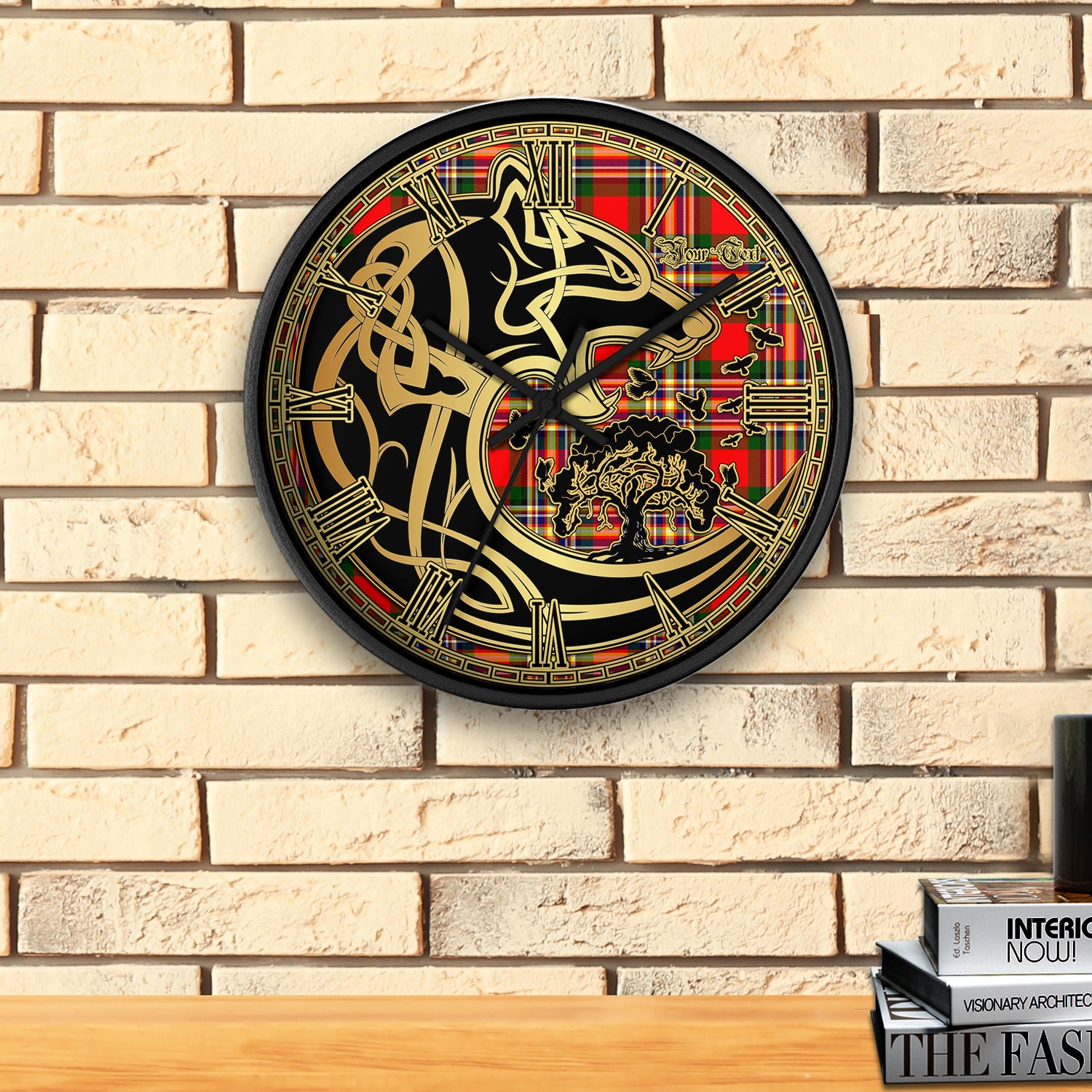 macgill-modern-tartan-wall-clock-personalize-wall-clock-decor-wall-clock-celtic-wolf-style