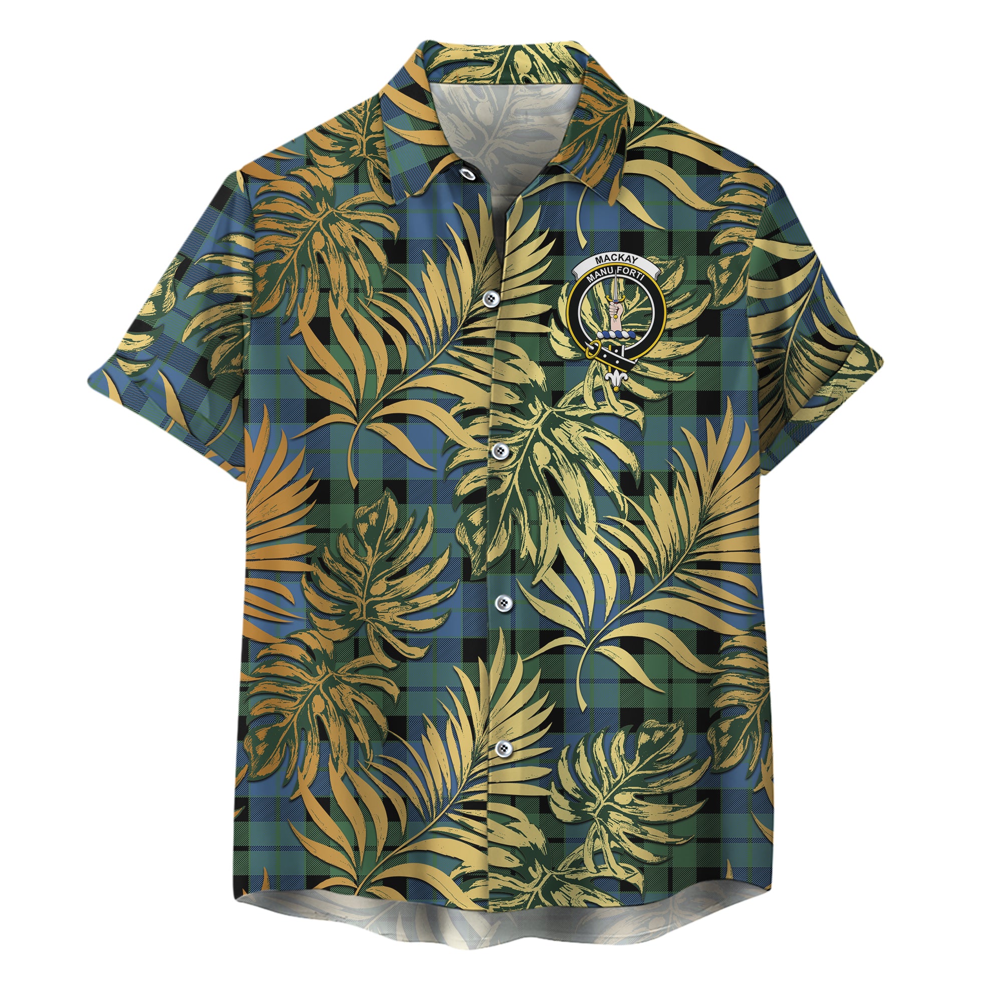 scottish-mackay-ancient-clan-crest-tartan-golden-tropical-palm-leaves-hawaiian-shirt