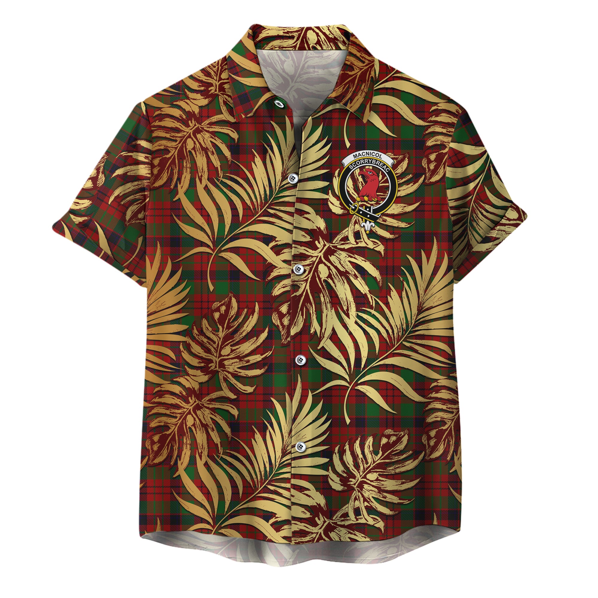 scottish-macnicol-clan-crest-tartan-golden-tropical-palm-leaves-hawaiian-shirt