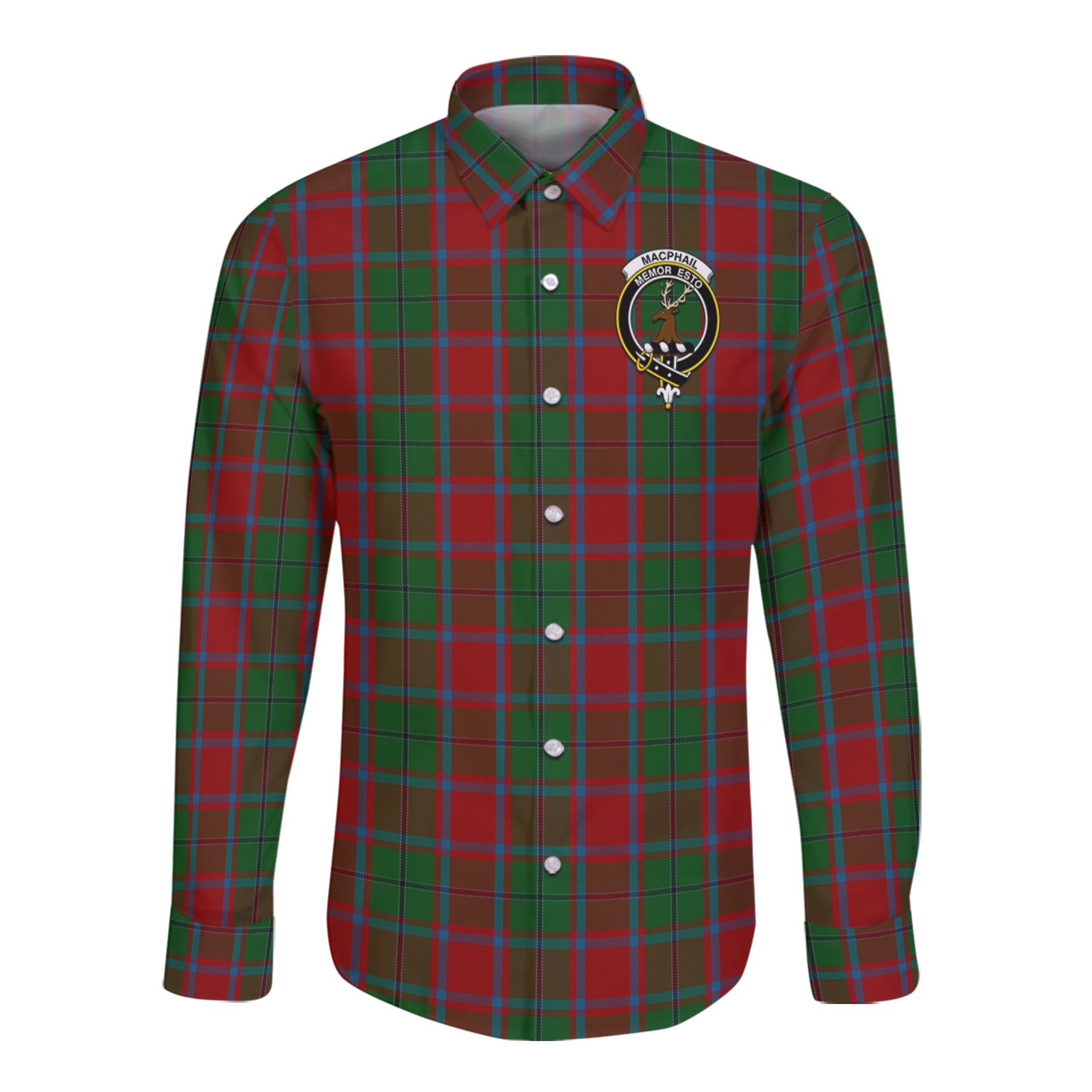Macphail Blue Bands Tartan Long Sleeve Button Up Shirt with Scottish Family Crest K23
