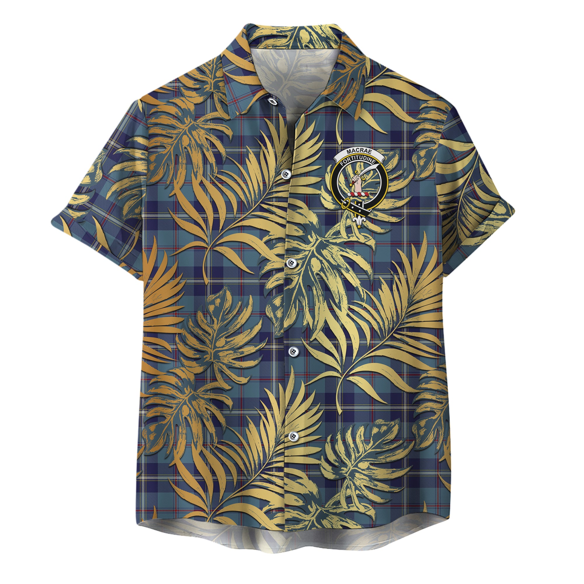scottish-macraes-of-america-clan-crest-tartan-golden-tropical-palm-leaves-hawaiian-shirt