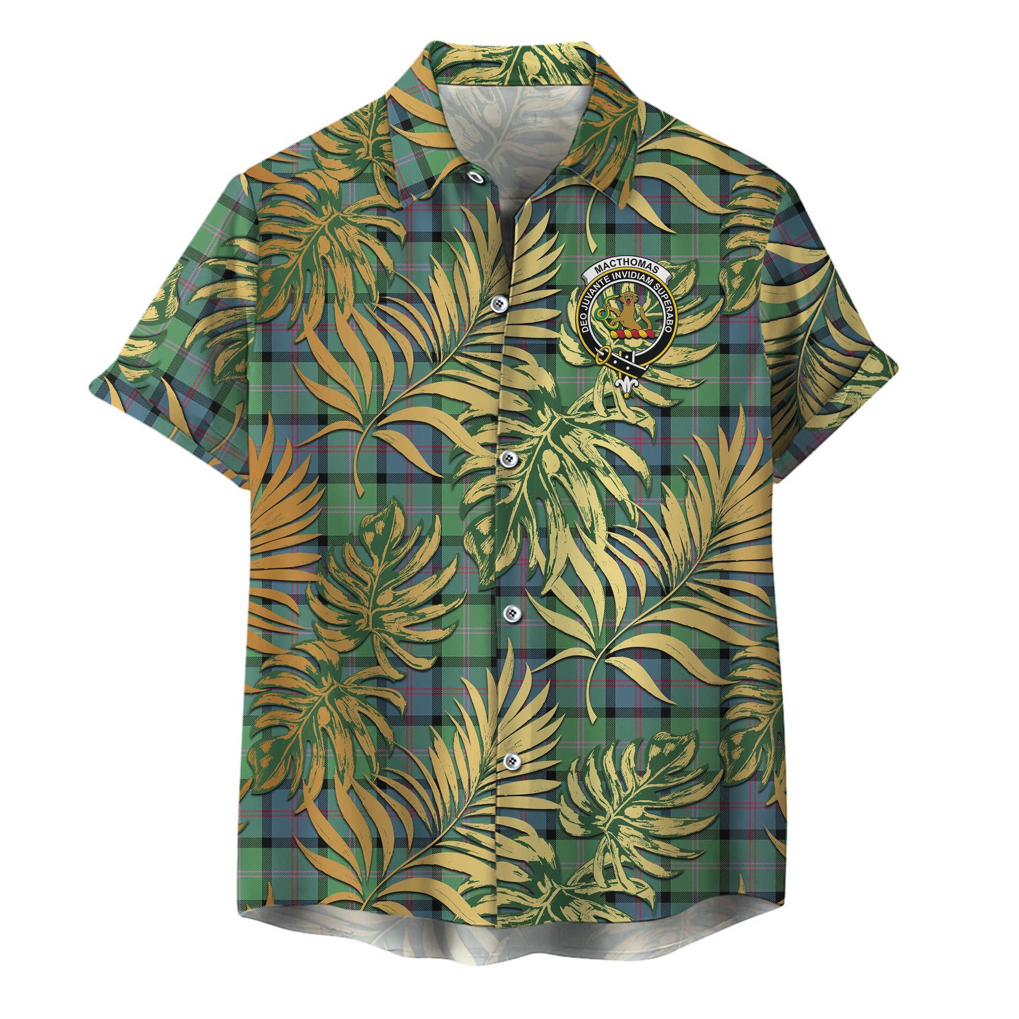 scottish-macthomas-ancient-clan-crest-tartan-golden-tropical-palm-leaves-hawaiian-shirt