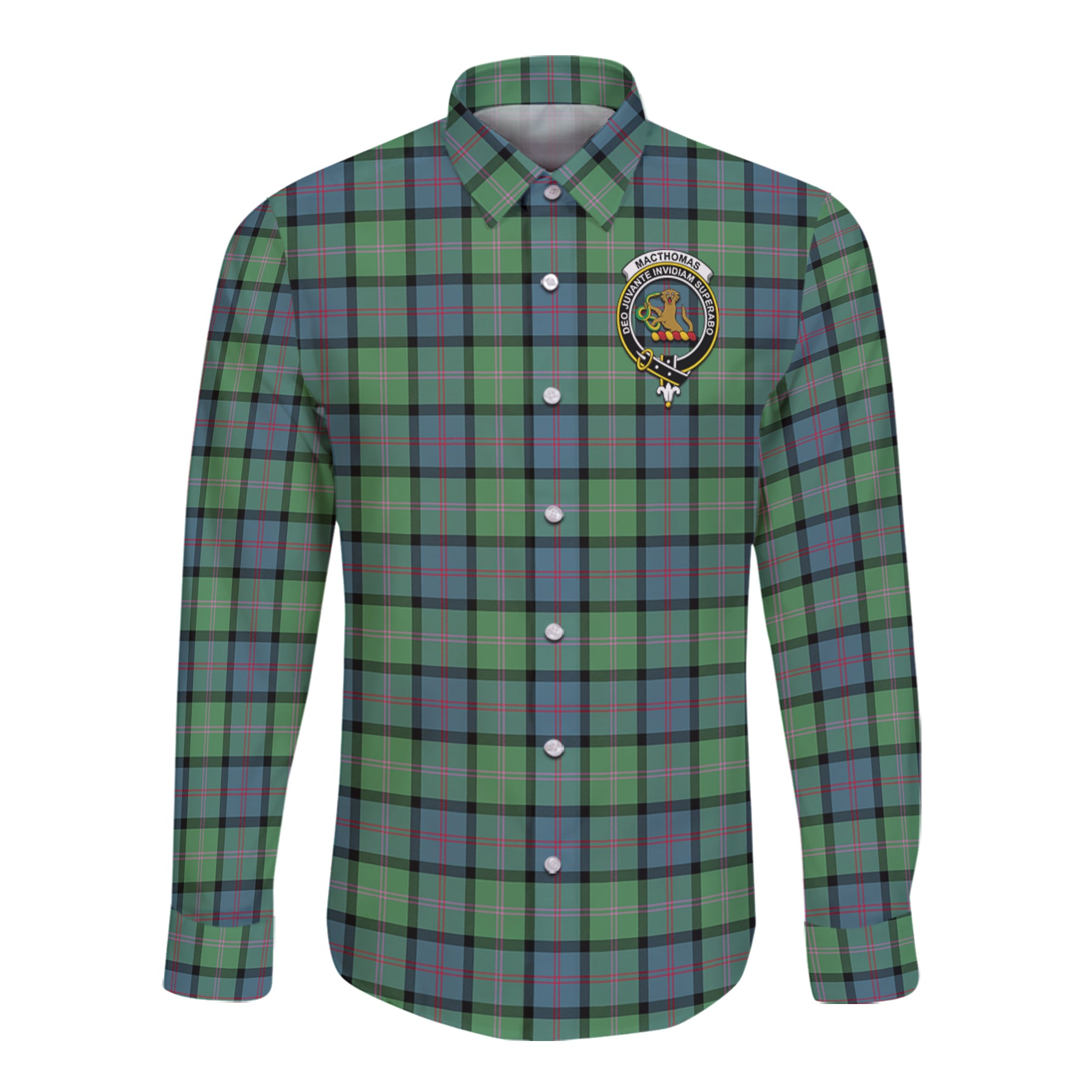 Macthomas Ancient Tartan Long Sleeve Button Up Shirt with Scottish Family Crest K23