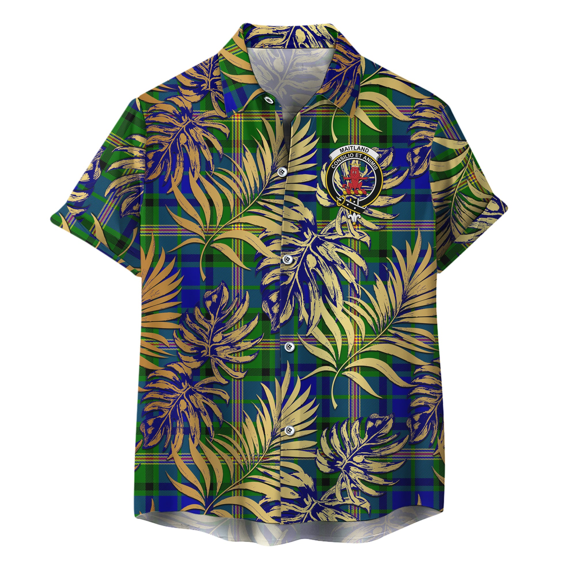scottish-maitland-clan-crest-tartan-golden-tropical-palm-leaves-hawaiian-shirt