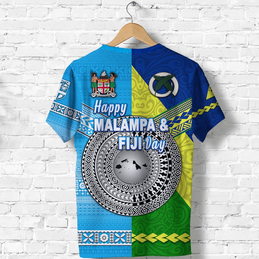 Blue Malampa & Fiji Day graphic T-shirt, back view with Happy message and globe emblem