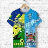 Blue Malampa & Fiji graphic T-shirt, front view with Malampa and Fiji panels and logos