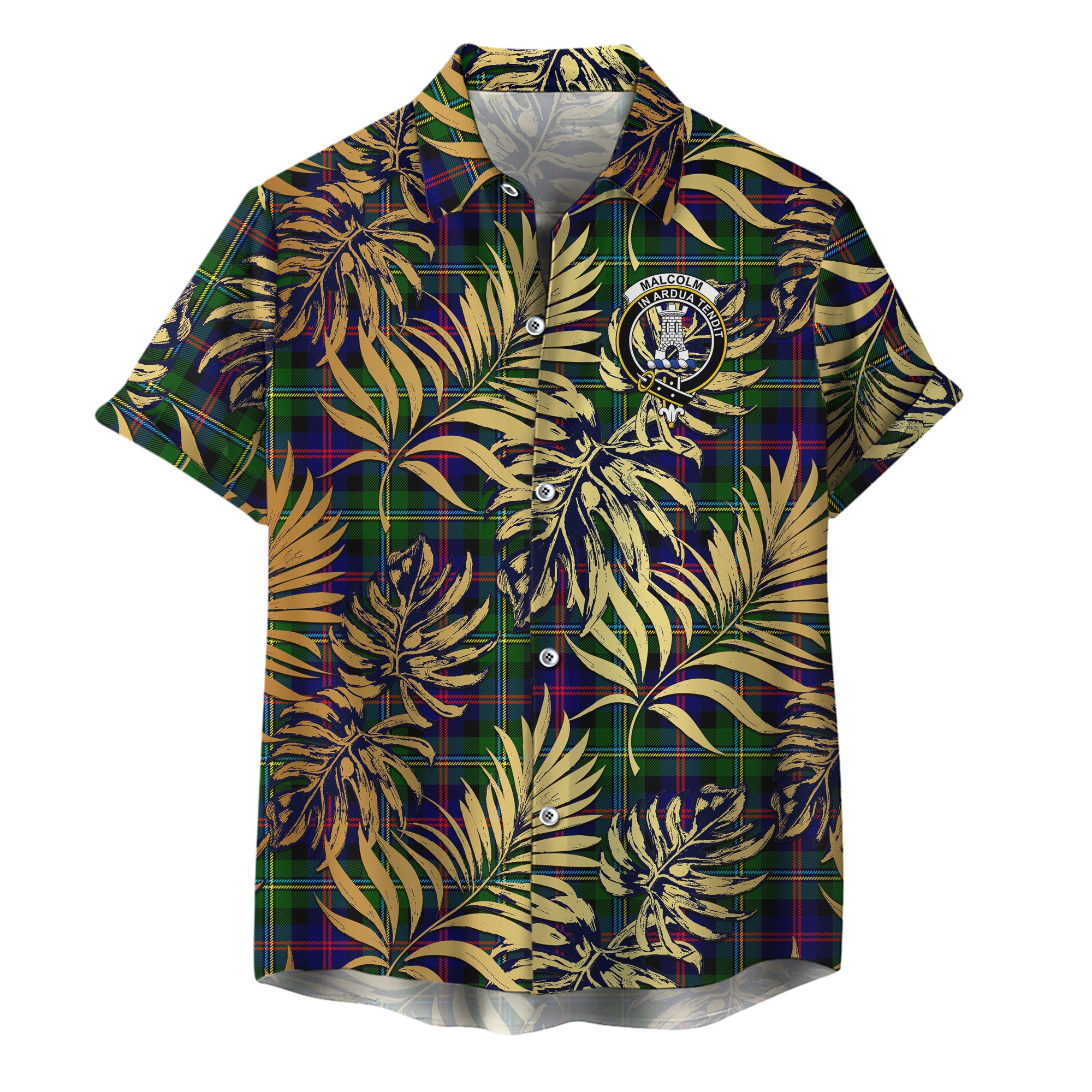 scottish-malcolm-clan-crest-tartan-golden-tropical-palm-leaves-hawaiian-shirt