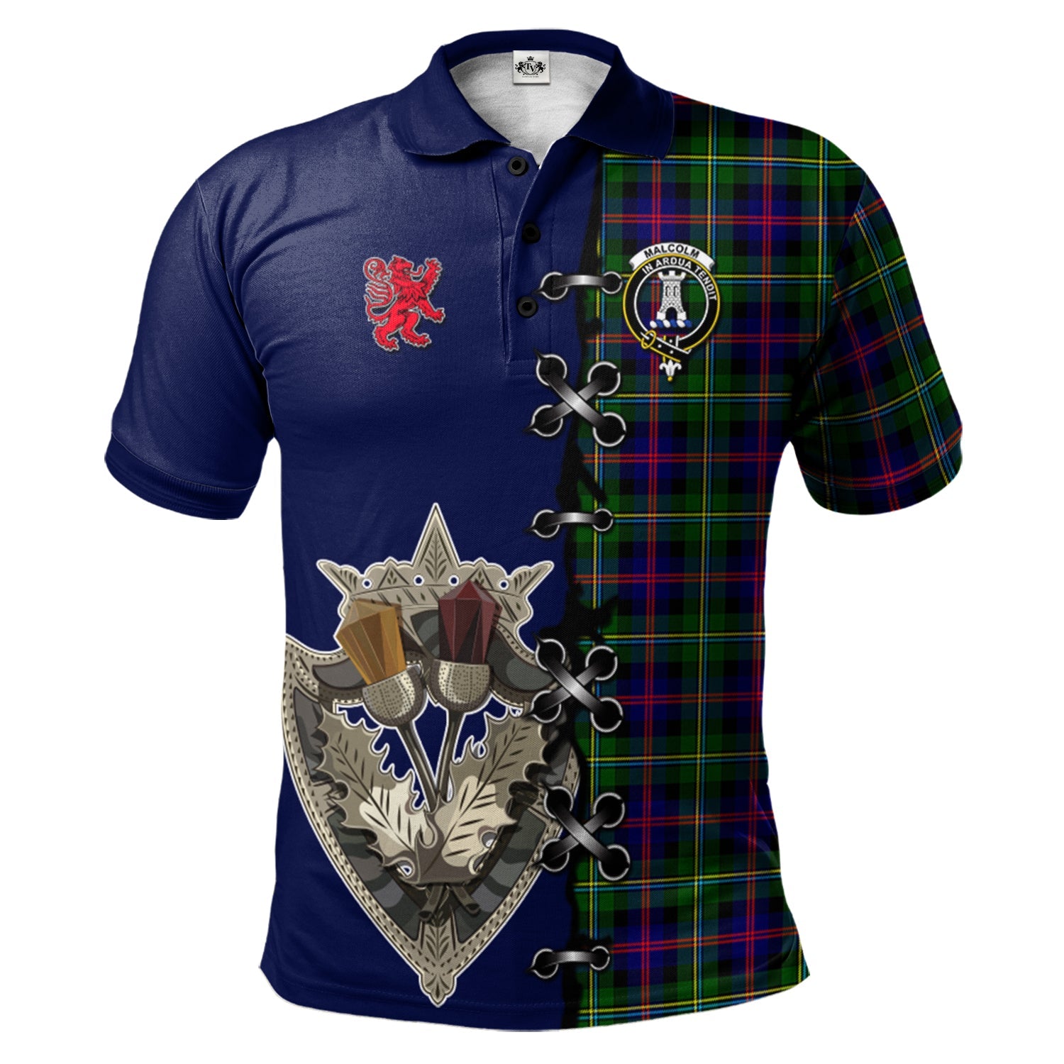 scottish-malcolm-clan-crest-tartan-lion-rampant-and-celtic-thistle-polo-shirt