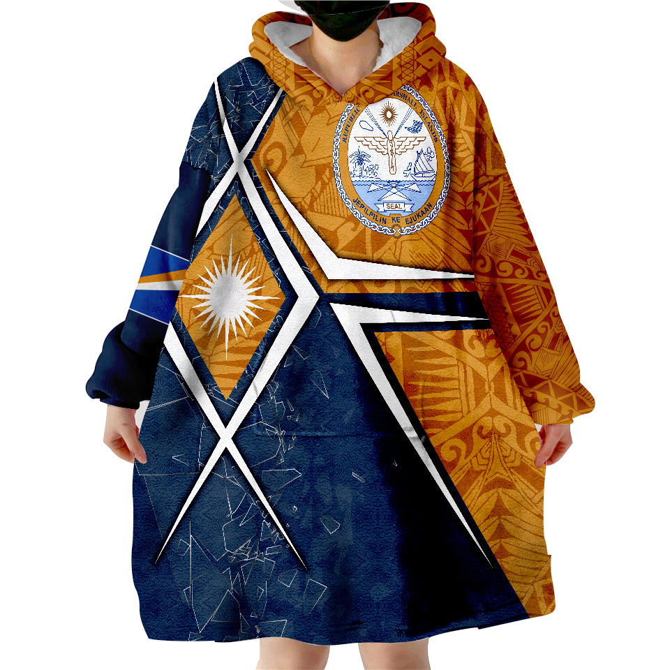Marshall Islands - Marshall Islands Flag with Polynesian Patterns Blue Wearable Blanket Hoodie - Wonder Print Shop