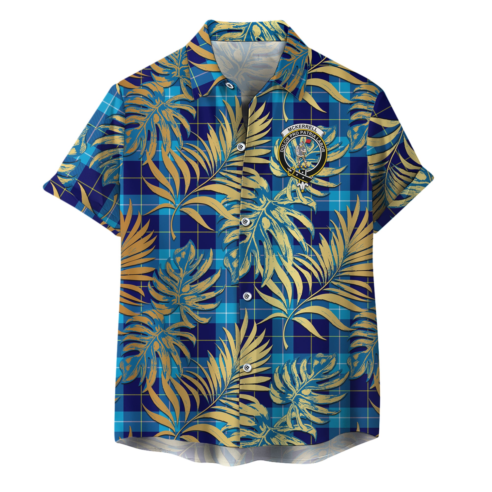 scottish-mckerrell-clan-crest-tartan-golden-tropical-palm-leaves-hawaiian-shirt