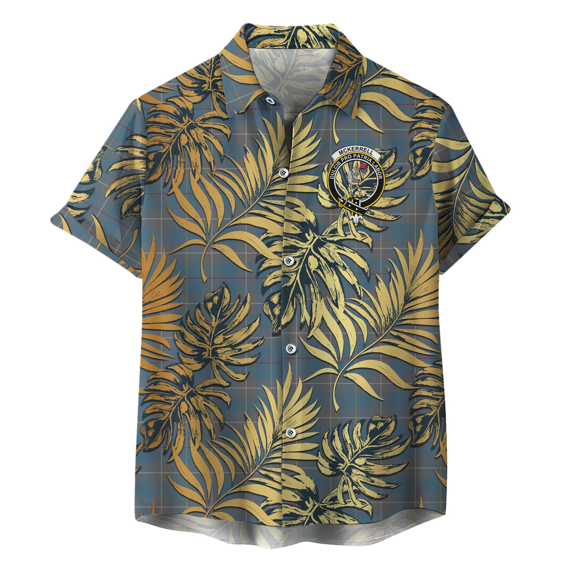 scottish-mckerrell-of-hillhouse-dress-clan-crest-tartan-golden-tropical-palm-leaves-hawaiian-shirt