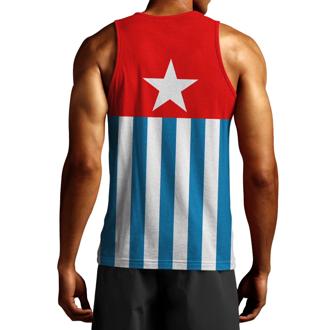 Men's tank top back view, red upper with star and white/blue vertical striped panels