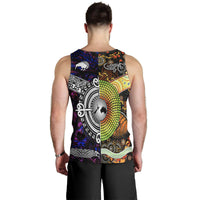 Men's purple tank top back with large circular tribal animal graphic