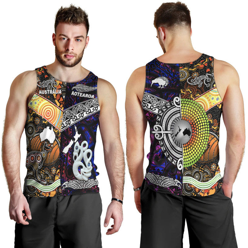 Men's purple tank top shown front and back with tribal island graphics