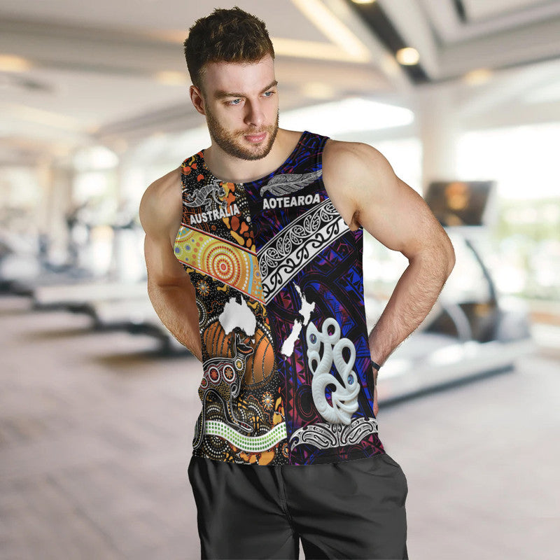 Men's purple tank top with front Australia and Aotearoa tribal design