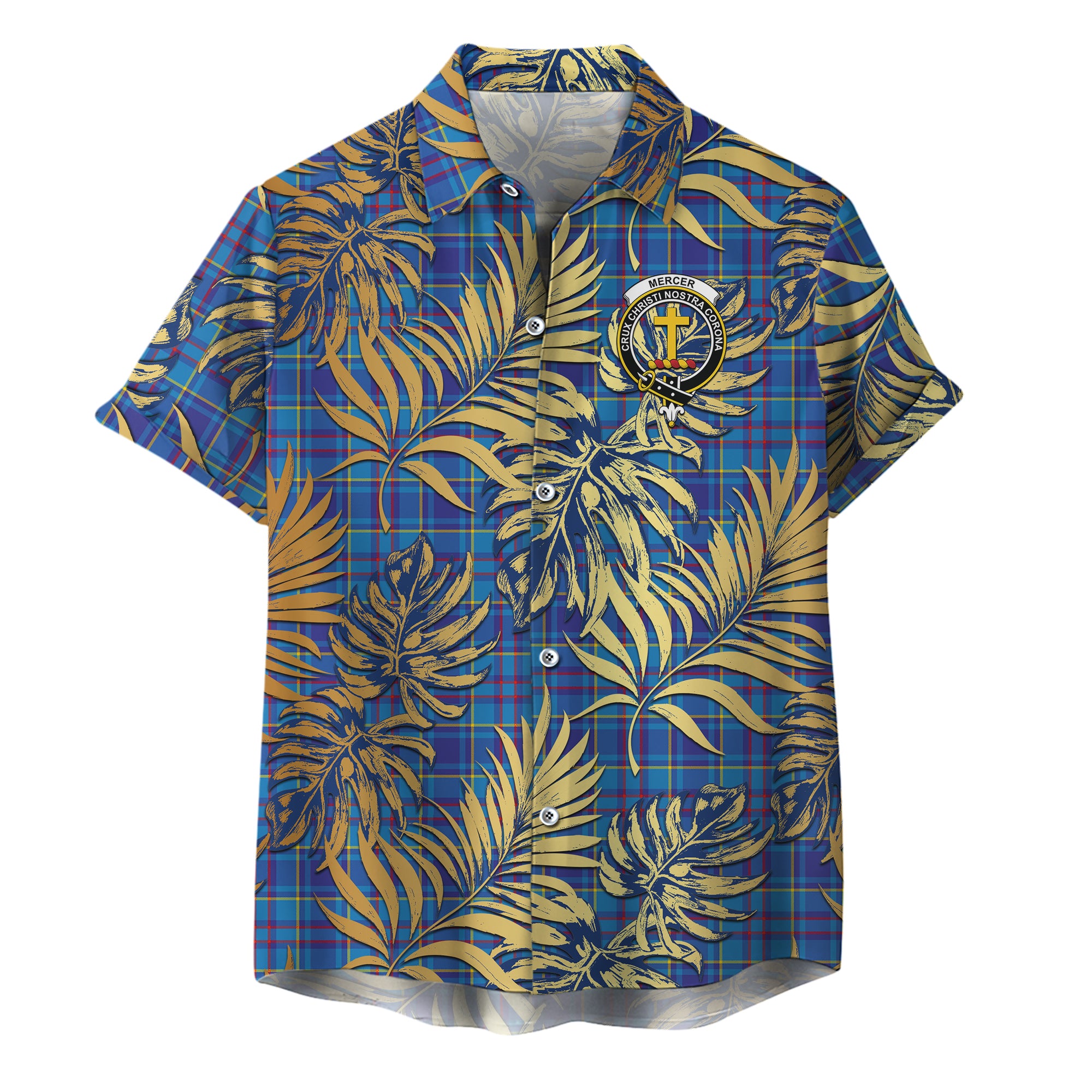 scottish-mercer-modern-clan-crest-tartan-golden-tropical-palm-leaves-hawaiian-shirt