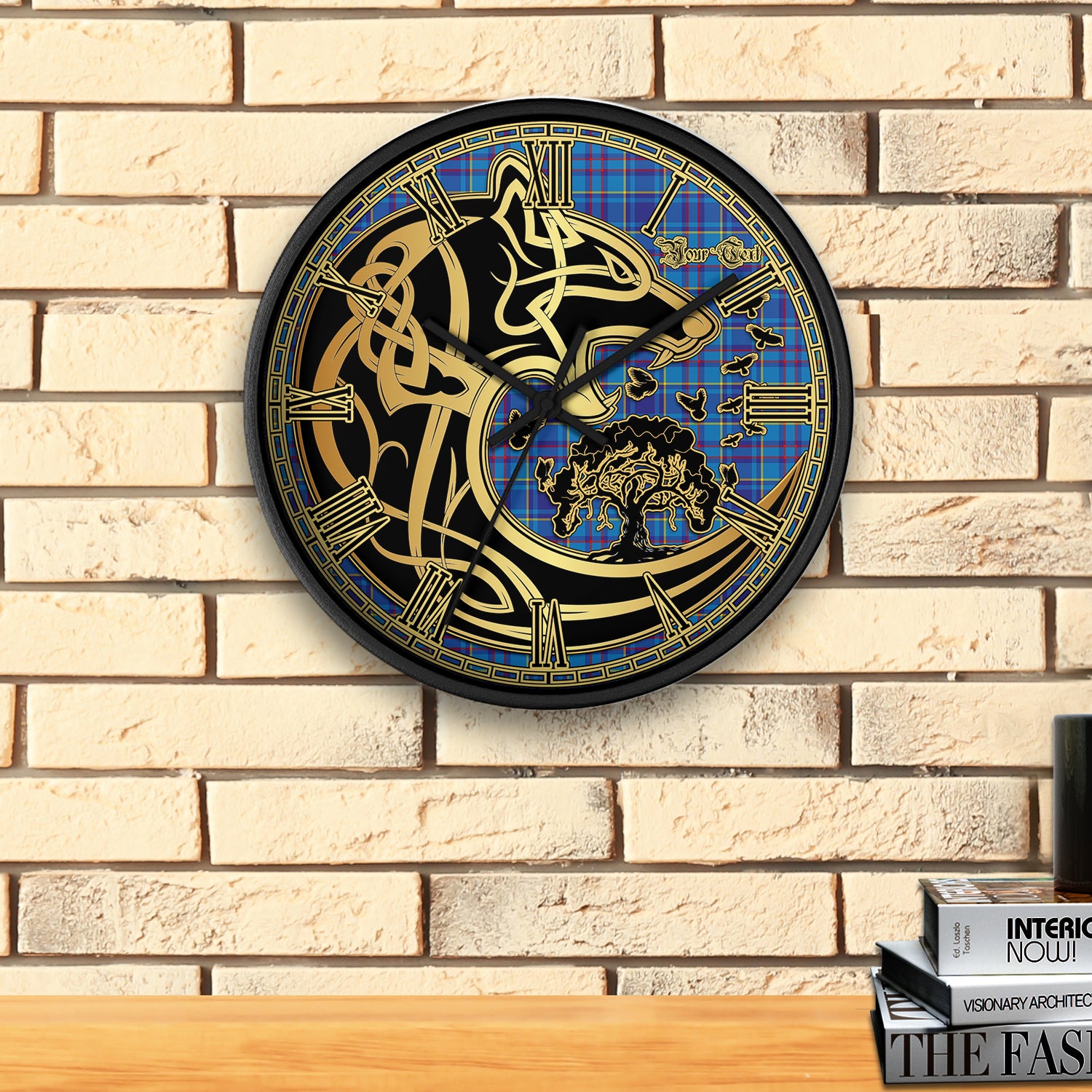 mercer-modern-tartan-wall-clock-personalize-wall-clock-decor-wall-clock-celtic-wolf-style