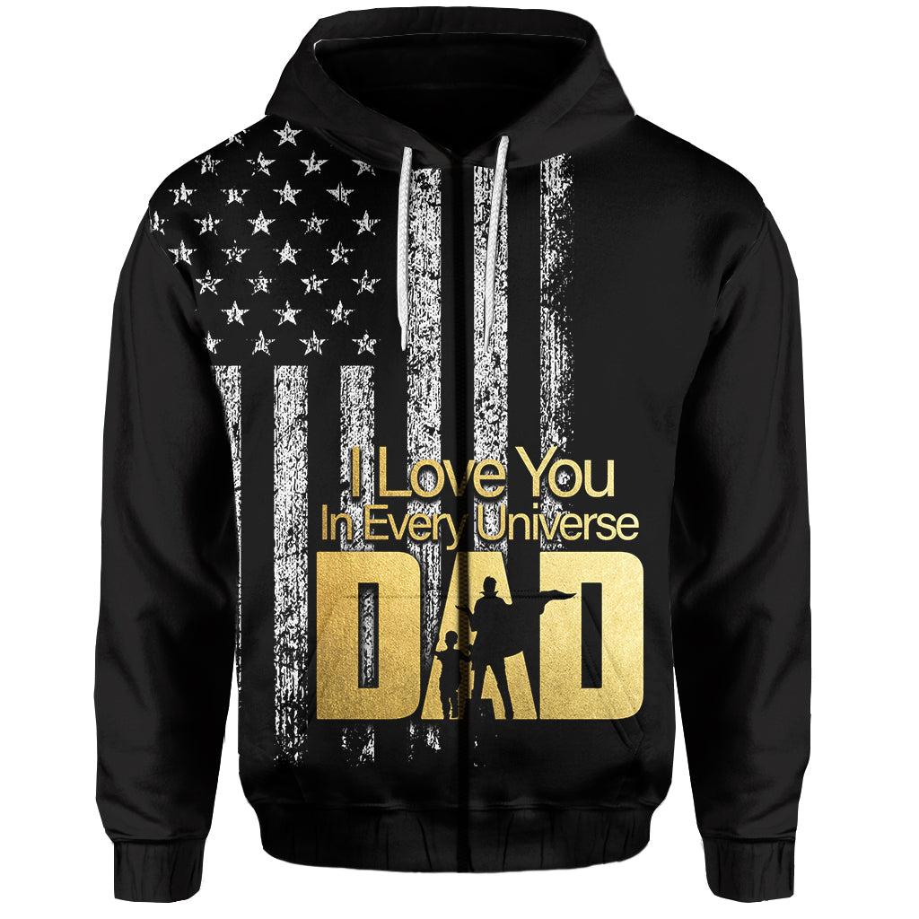 Black pullover hoodie front: tall flag stripes, star field, "I Love You In Every Universe"