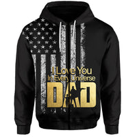 Black pullover hoodie front: tall flag stripes, star field, "I Love You In Every Universe"