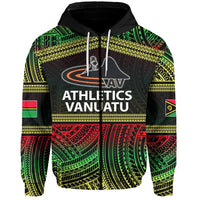 Black zip hoodie with hood and drawstrings; green, red and yellow Polynesian pattern front logo