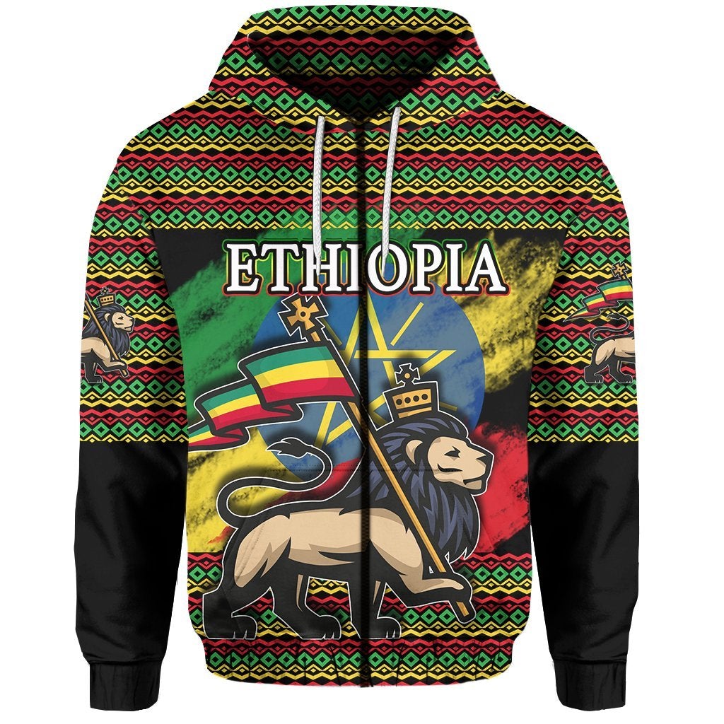 Ethiopia Zip Hoodie Lion Of Judah Flag Grunge LT6 - Wonder Print Shop