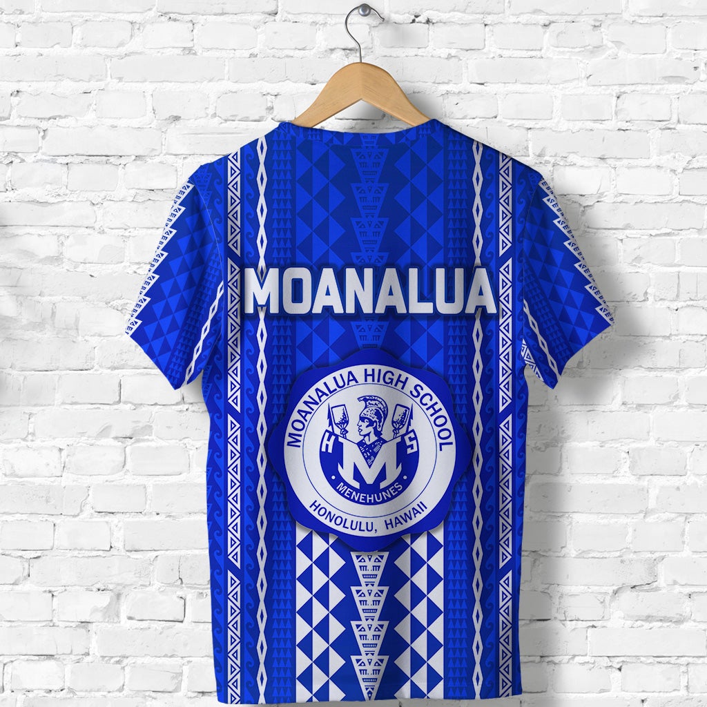 Blue Moanalua T-shirt back graphic with MOANALUA text, crest logo, and patterned stripes