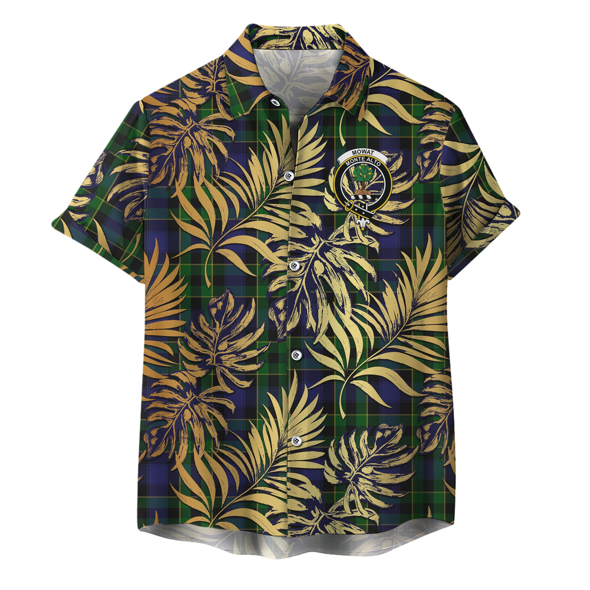 scottish-mowat-clan-crest-tartan-golden-tropical-palm-leaves-hawaiian-shirt