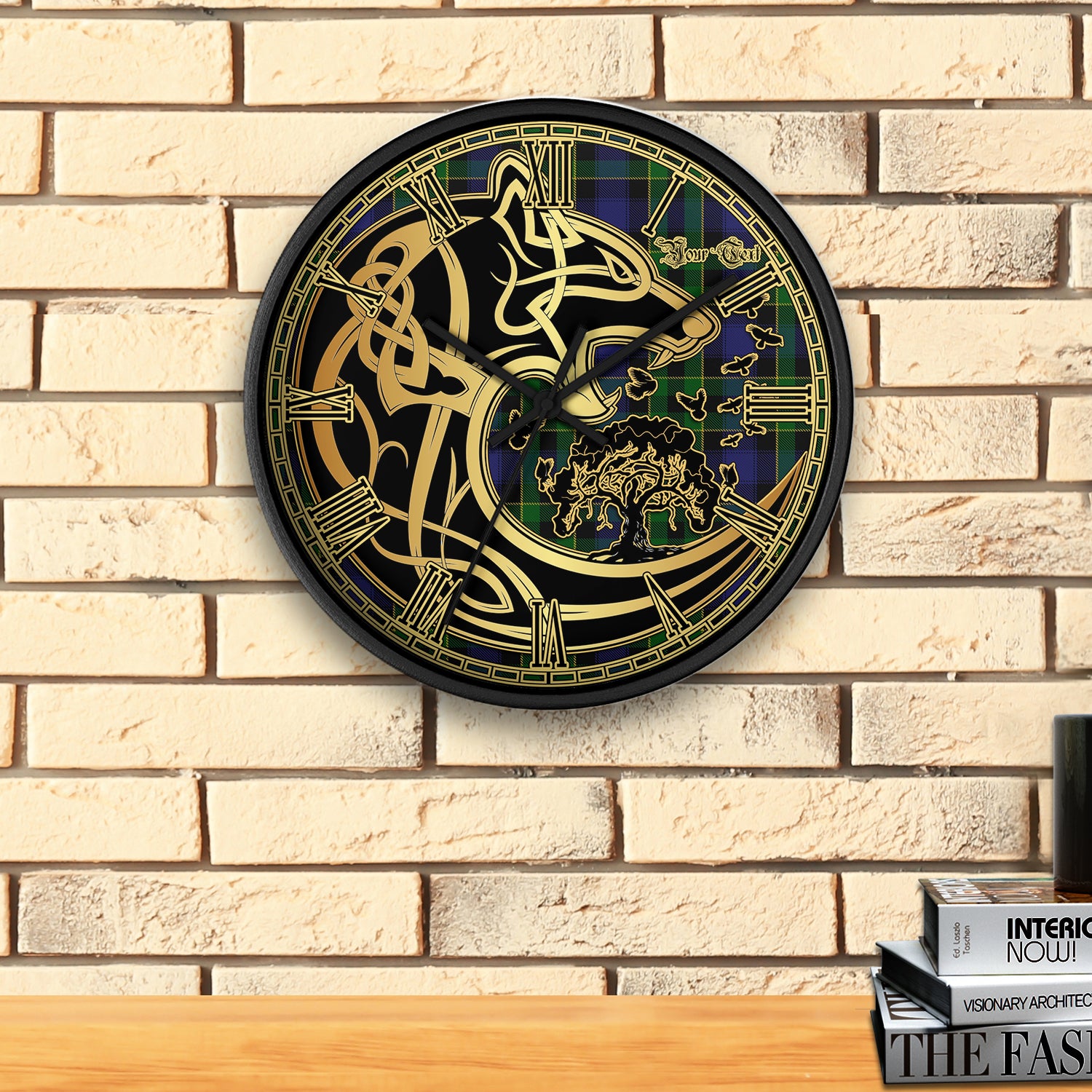 mowat-tartan-wall-clock-personalize-wall-clock-decor-wall-clock-celtic-wolf-style